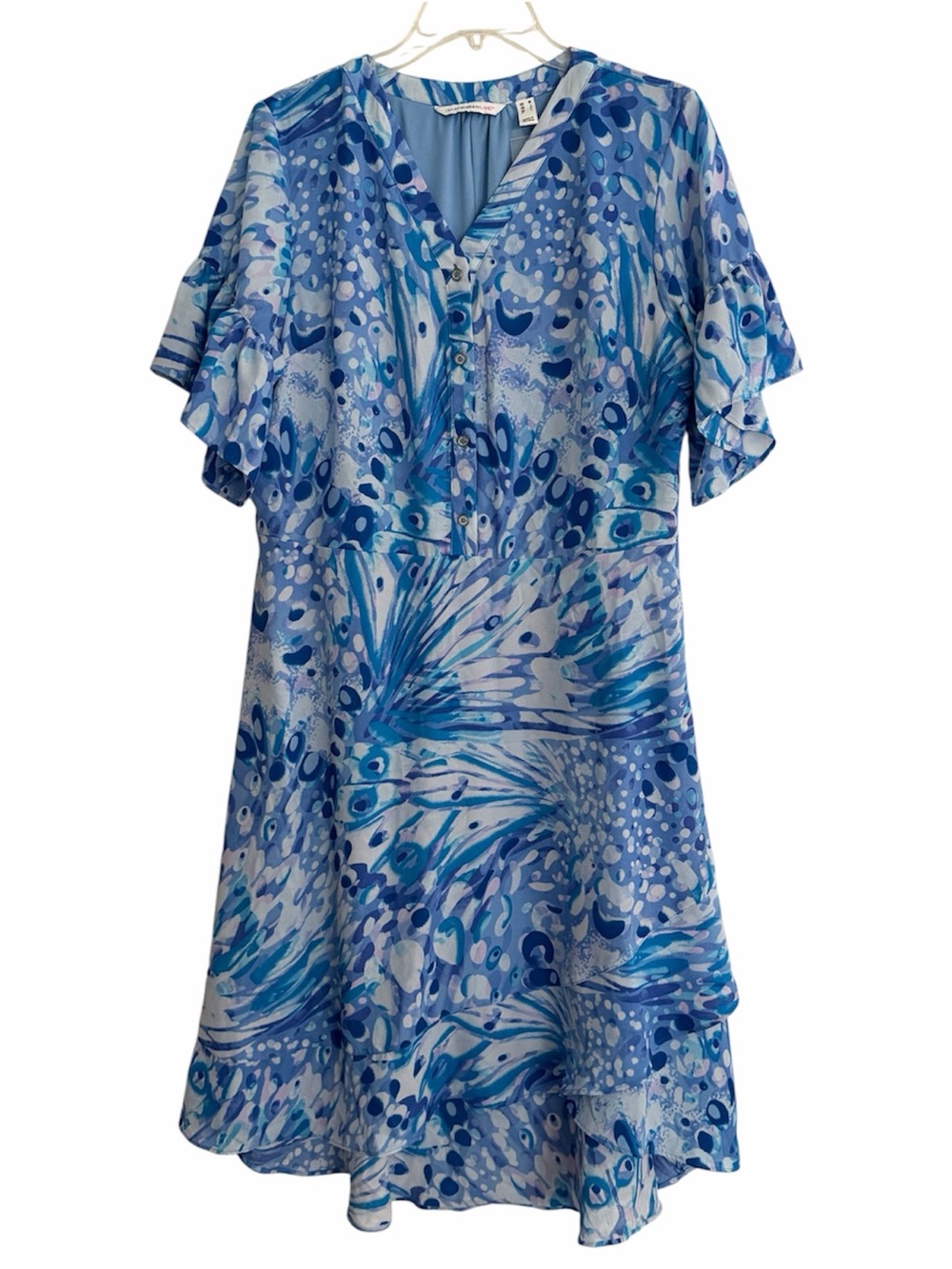 NWOT Isaac Mizrahi Blue Abstract Print Tiered Lined Dress Flutter Sleeves Sz M